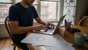 Man paying car tax online at kitchen table