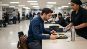 Greek employee uses meal card in cafeteria
