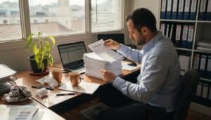 Υπάλληλος γραφείου οργανώνει τα χαρτιά για τις καλοκαιρινές του διακοπές.