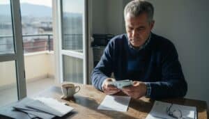 Άνδρας στο γραφείο του ελέγχει το δώρο Χριστουγέννων στον υπολογιστή του