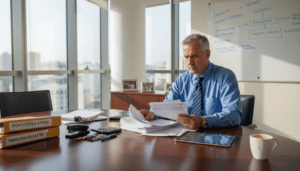 Επιχειρηματίας κάθεται στο γραφείο του και περνάει λεπτομερώς τα φορολογικά του έγγραφα.