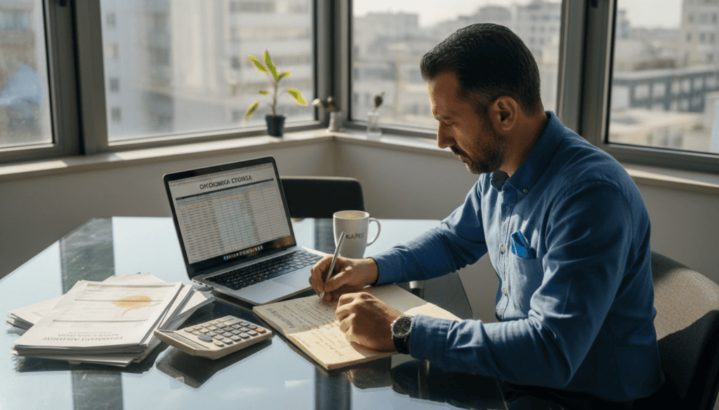 Ένας επιχειρηματίας κάθεται στο γραφείο του και περνάει τα έξοδα της επιχείρησης, υπολογίζοντας προσεκτικά τα οικονομικά του.