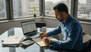 Ένας επιχειρηματίας κάθεται στο γραφείο του και περνάει τα έξοδα της επιχείρησης, υπολογίζοντας προσεκτικά τα οικονομικά του.