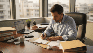 Λογιστής ελέγχει λίστα υποχρεώσεων στο γραφείο του, ανάμεσα σε στοίβες από χαρτιά και φακέλους.