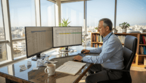 Ένας λογιστής δουλεύει σε μοντέρνο γραφείο, έχοντας μπροστά του δύο οθόνες για μεγαλύτερη ευκολία και αποδοτικότητα.