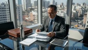 Ελεγκτής εφορίας τακτοποιεί έγγραφα στο γραφείο του, σε μια γωνιά του χώρου.