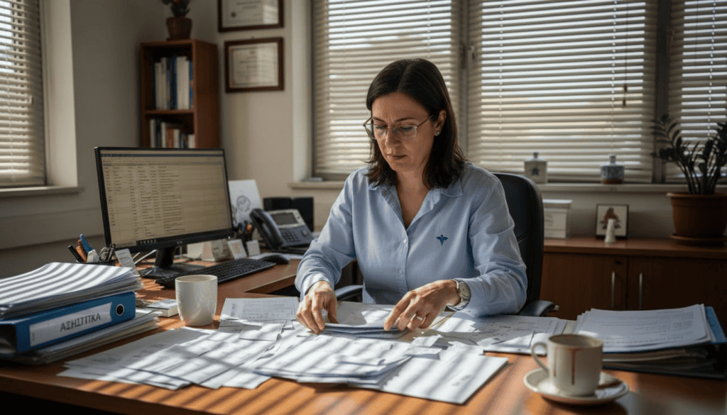 Η υπεύθυνη γραφείου ιατρείου τακτοποιεί και οργανώνει τα λογιστικά έγγραφα, φροντίζοντας ώστε όλα να είναι σε τάξη και έτοιμα για κάθε έλεγχο.