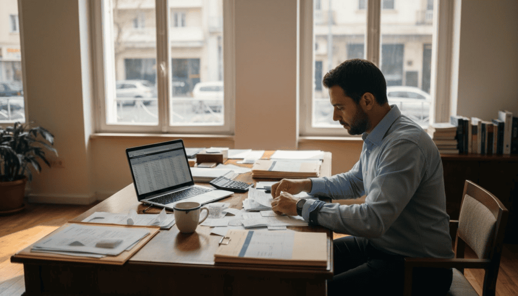Ένας επιχειρηματίας κάθεται στο γραφείο του και οργανώνει τις αποδείξεις για τα έξοδα της επιχείρησης.