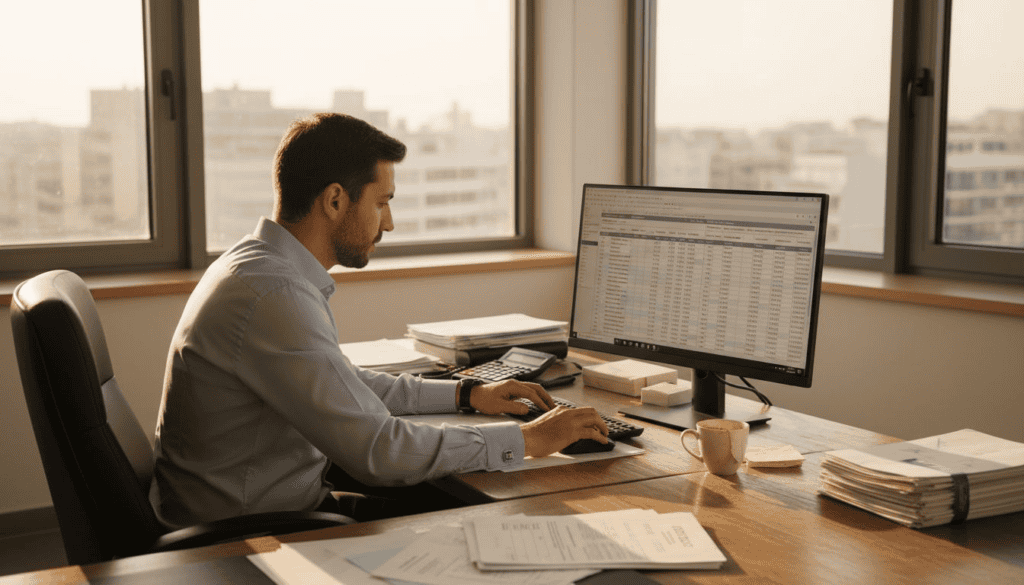 Λογιστής εργάζεται σε γραφείο γεμάτο φως, με τον ήλιο να μπαίνει από το παράθυρο και να δημιουργεί μια ευχάριστη ατμόσφαιρα.