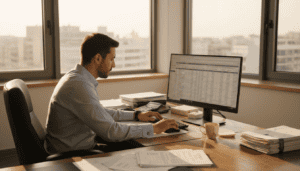 Λογιστής εργάζεται σε γραφείο γεμάτο φως, με τον ήλιο να μπαίνει από το παράθυρο και να δημιουργεί μια ευχάριστη ατμόσφαιρα.