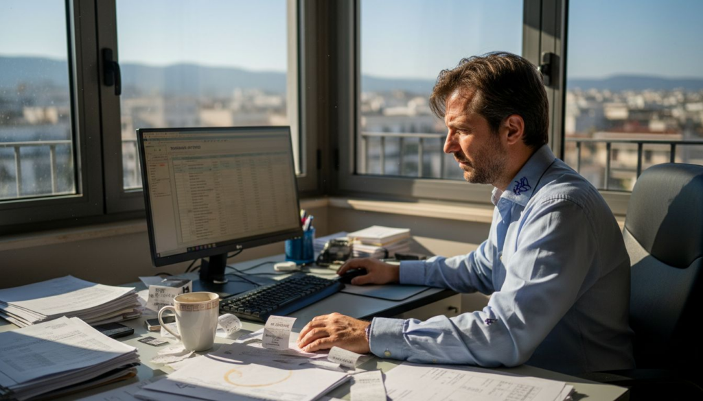 Λογιστής εργάζεται στον υπολογιστή του, στο φυσικό του γραφείο.