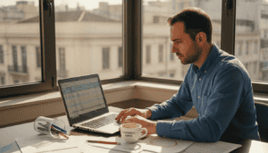 Λογιστής εξετάζει οικονομικά στοιχεία σε ένα γραφείο γεμάτο χαρτιά και φακέλους.