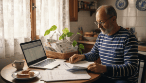 Άντρας κάθεται στην κουζίνα και ελέγχει τα χαρτιά του για τον ΕΝΦΙΑ.