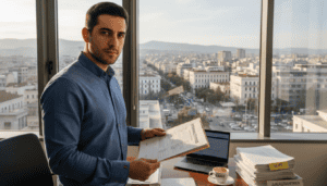 Νέος Έλληνας επιχειρηματίας σε σύγχρονο γραφείο στο κέντρο της πόλης