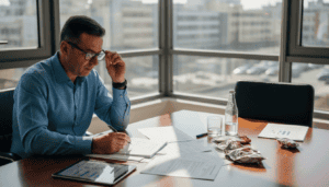 Άνδρας εξετάζει προσεκτικά εργασιακά έγγραφα στο γραφείο του.