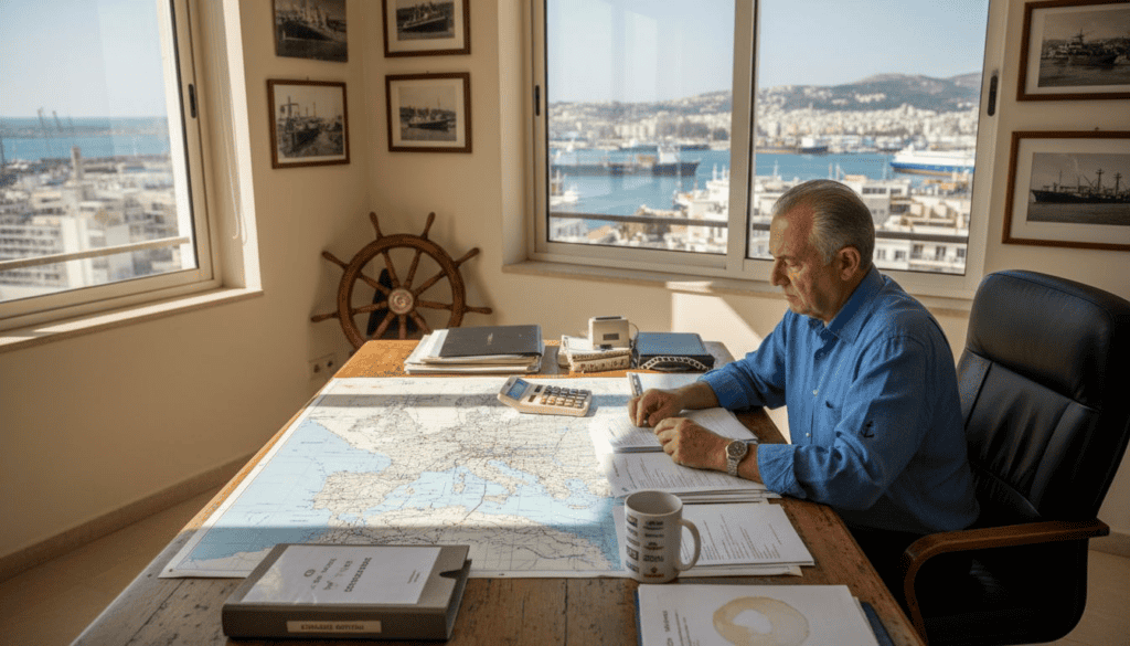 Έλληνας εφοπλιστής μελετάει έγγραφα στο γραφείο του, εξετάζοντας σημαντικές υποθέσεις της εταιρείας.
