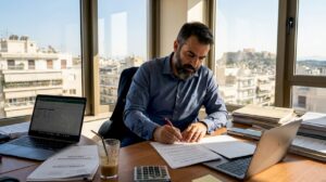 Έλληνας επιχειρηματίας κάθεται στο γραφείο του και μελετά προσεκτικά τα έγγραφα της εταιρείας του.