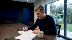 Λογιστής ελέγχει έγγραφα σχετικά με τον φόρο ακινήτων επιχείρησης