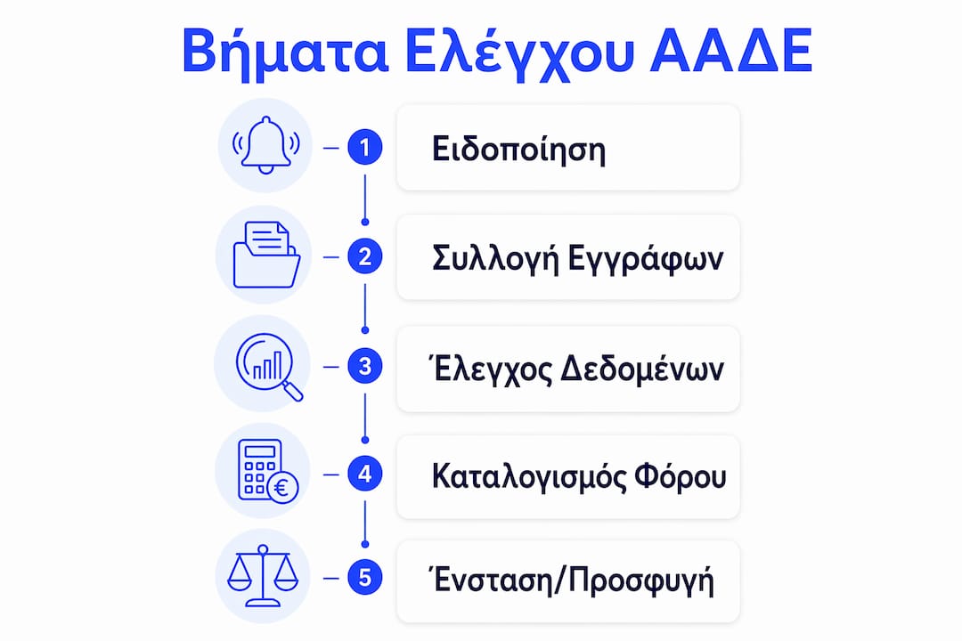 Εικονογραφημένος οδηγός με τα βασικά στάδια του φορολογικού ελέγχου και της επιβολής προστίμων